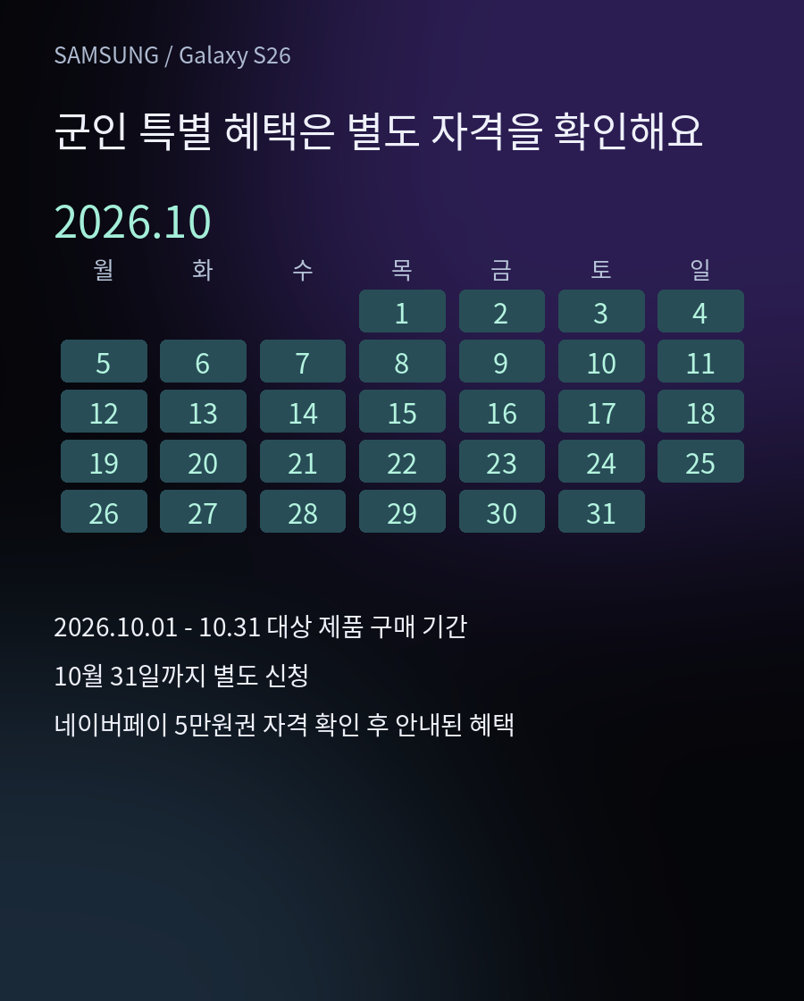 대상자만 따로 챙기는 혜택 - 2026.10.01 - 10.31 대상 제품 구매 기간 / 10월 31일까지 별도 신청 / 네이버페이 5만원권 자격 확인 후 안내된 혜택
