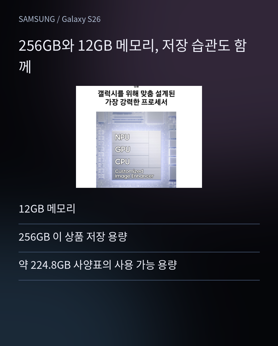 저장 공간은 숫자만 보지 않아요 - 12GB 메모리 / 256GB 이 상품 저장 용량 / 약 224.8GB 사양표의 사용 가능 용량