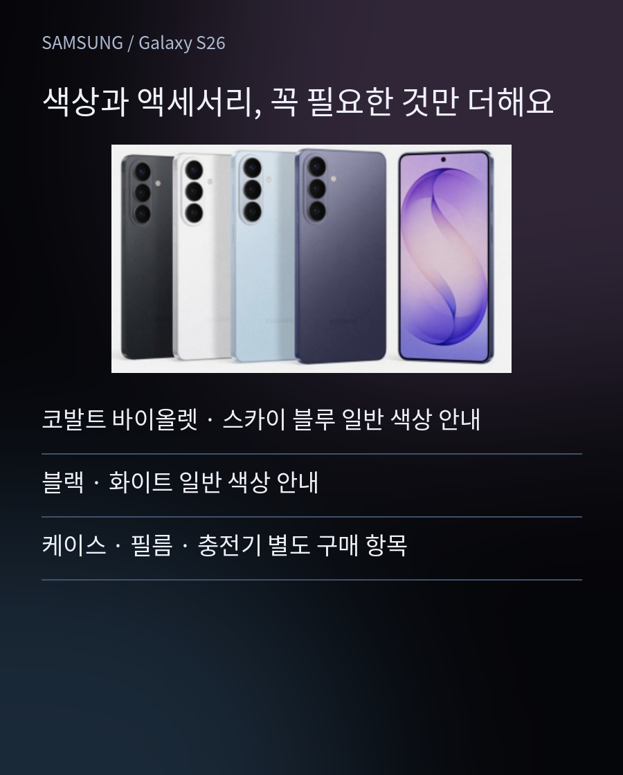 기본 구성과 추가 구매 구분 - 코발트 바이올렛 · 스카이 블루 일반 색상 안내 / 블랙 · 화이트 일반 색상 안내 / 케이스 · 필름 · 충전기 별도 구매 항목